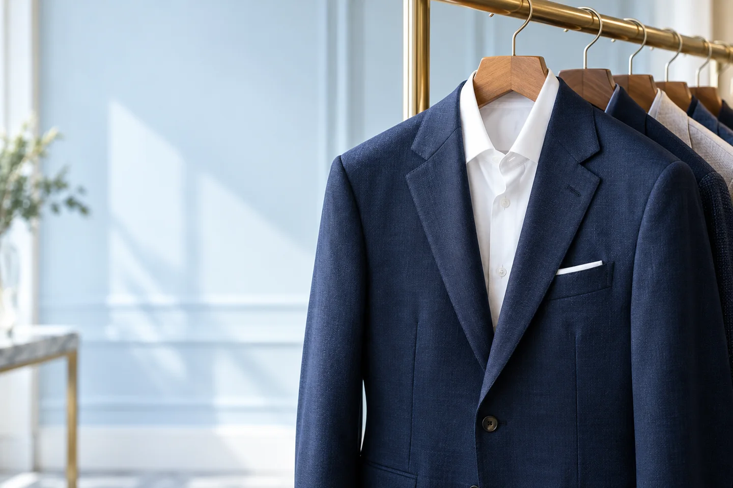Professionally finished navy suit and white shirt on wooden hangers